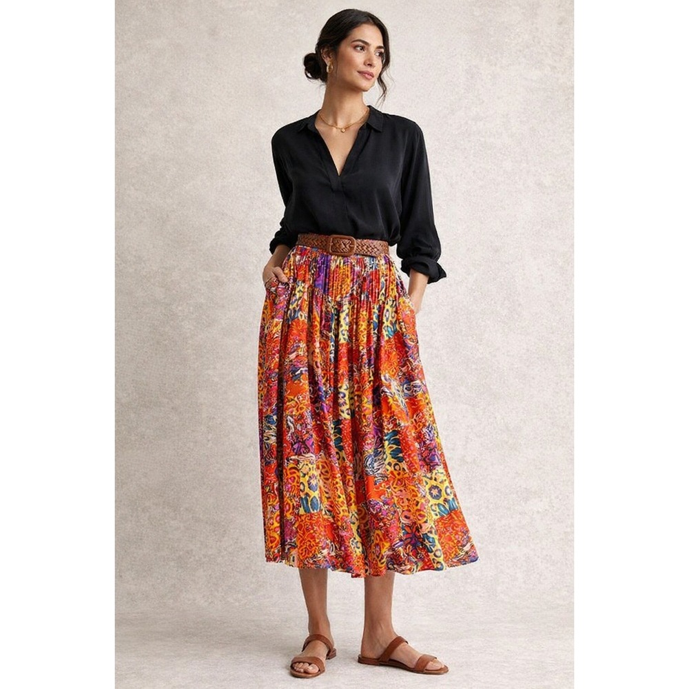 Vintage Jaeger Skirt Size 14 Midi Silk Multicolor Patchwork Button Front